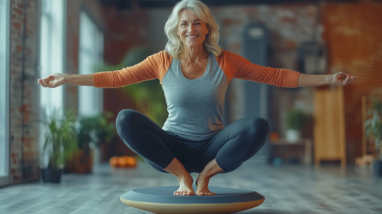 Възрастни хора правят упражнения в красив природен парк