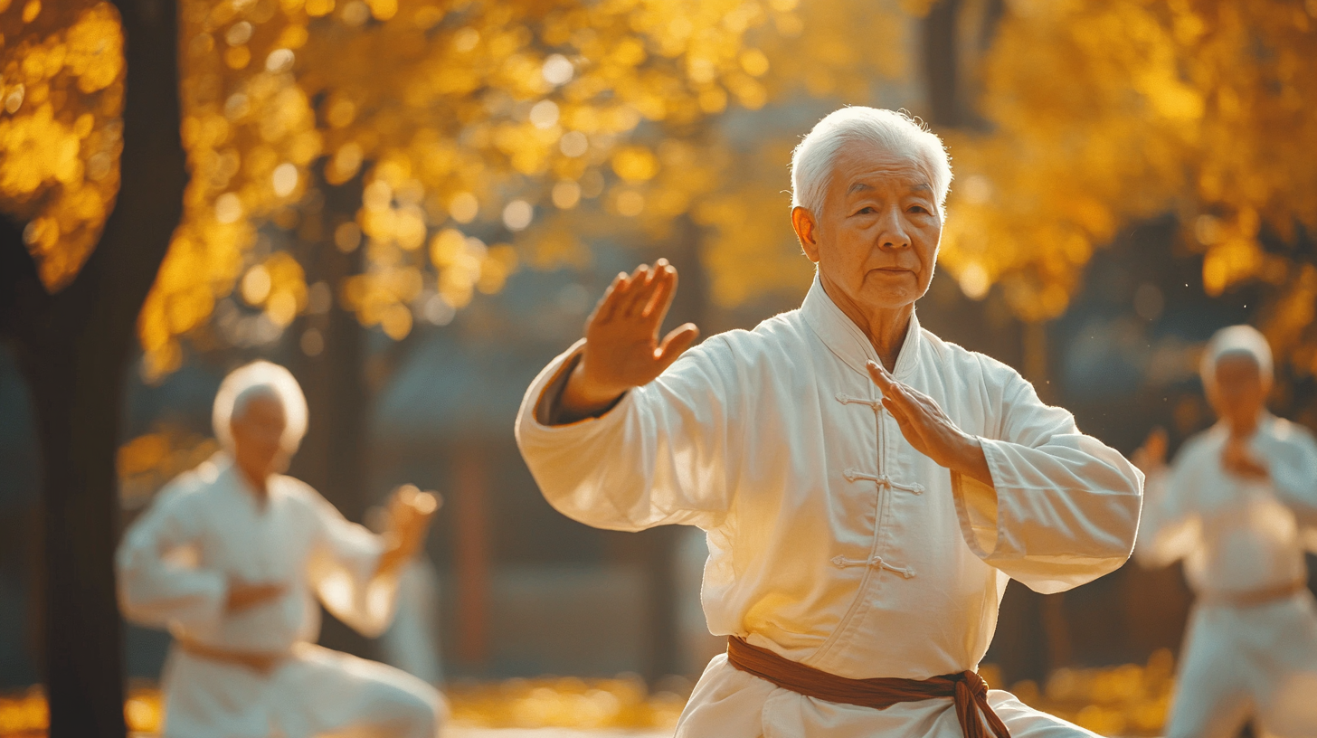 Група възрастни хора правят йога упражнения в парк